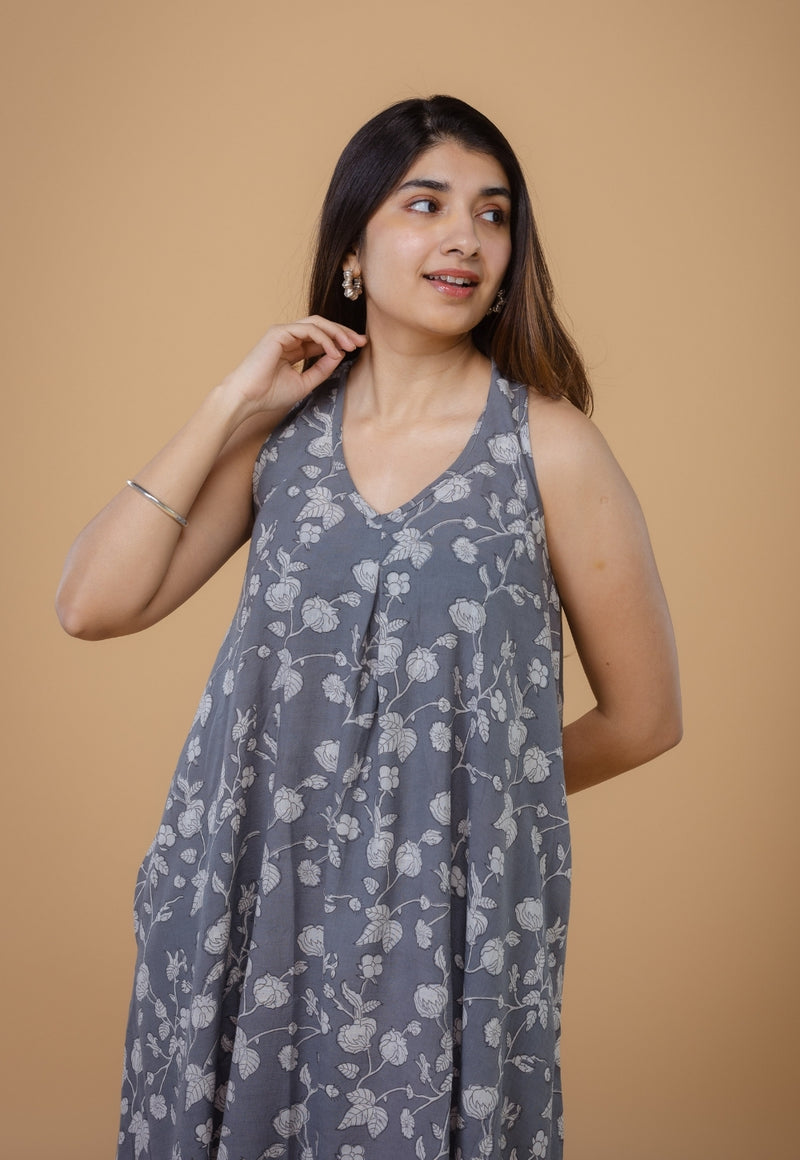 Tashi Grey Dabu Cotton A Line Dress