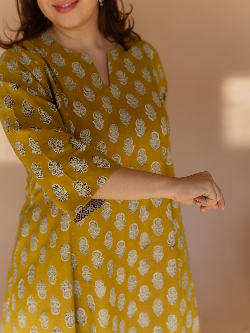 Malika Yellow Bagru Cotton Kali Kurta