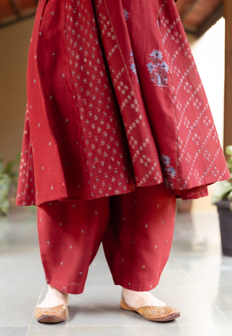 Sonia Madder Ajrakh Chanderi Silk Kali Kurta with Hand Embroidery