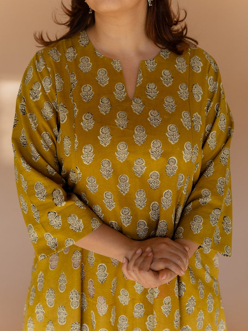 Malika Yellow Bagru Cotton Kali Kurta