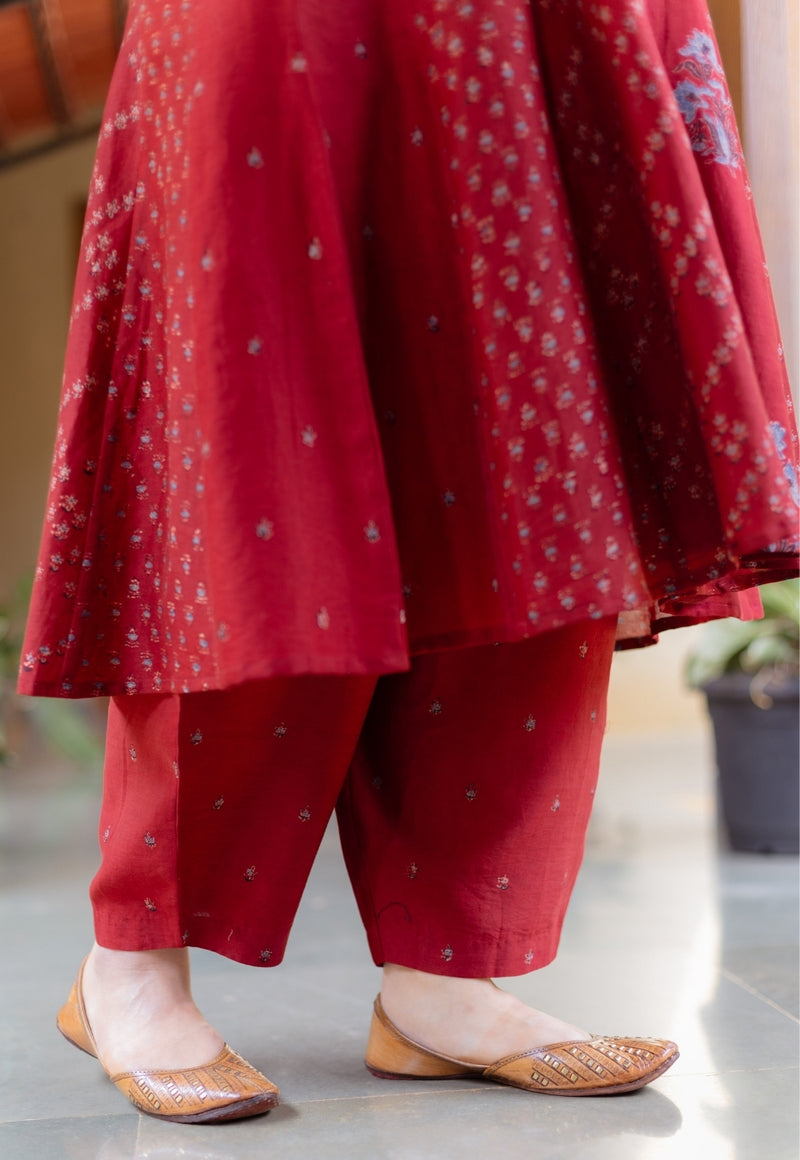 Sonia Madder Ajrakh Chanderi Silk Kali Kurta with Hand Embroidery