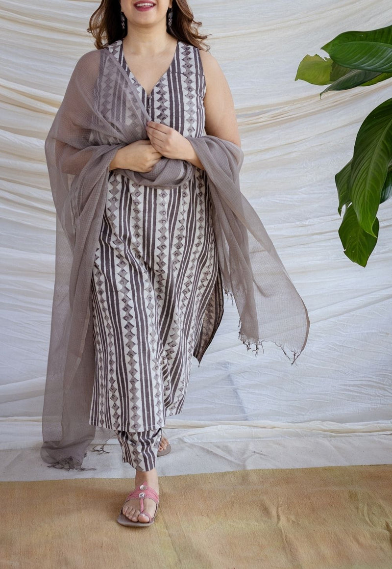 Hanifa Grey Batik Cotton Straight Kurta