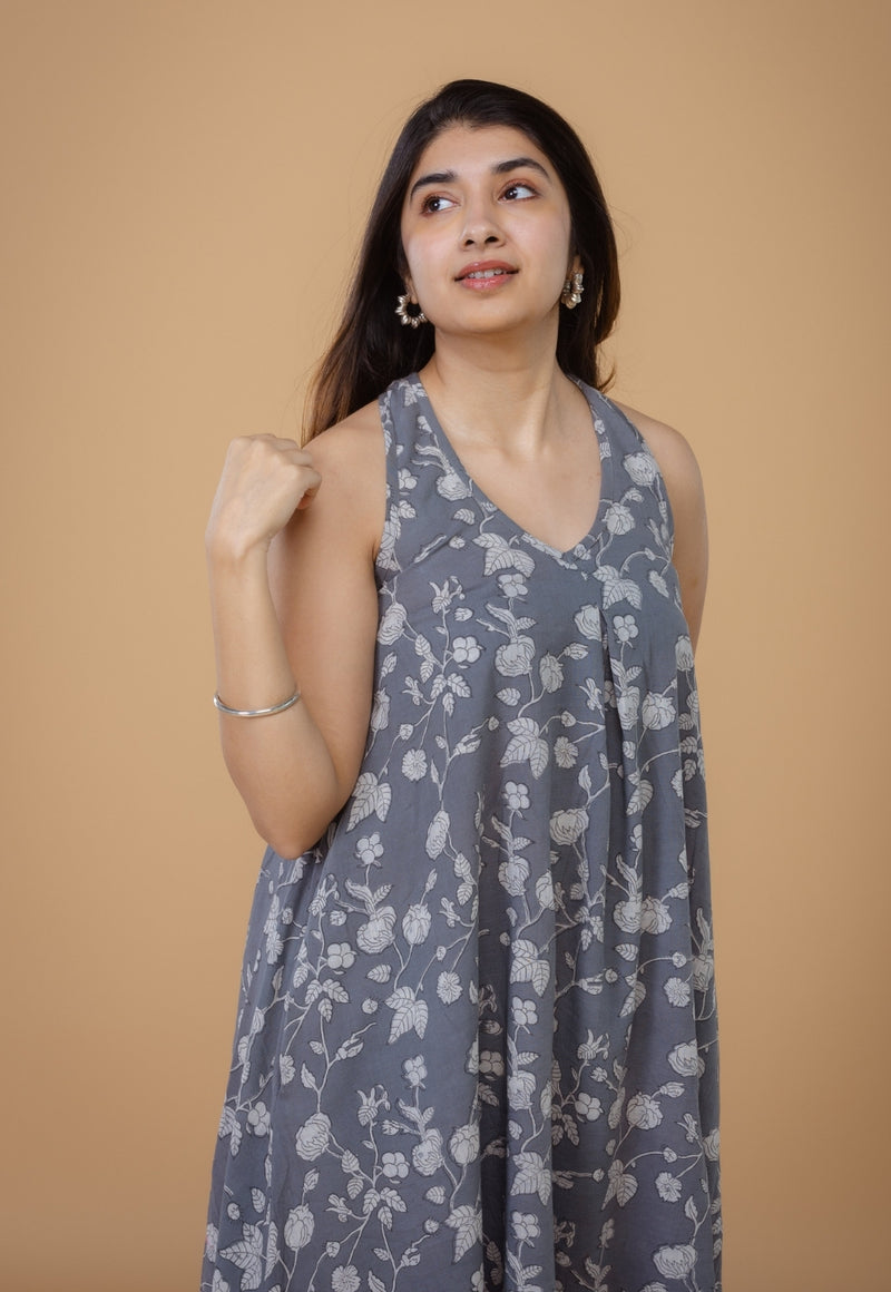 Tashi Grey Dabu Cotton A Line Dress