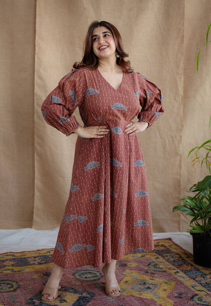 Rahima Brick Red Ajrakh Cotton A Line Dress