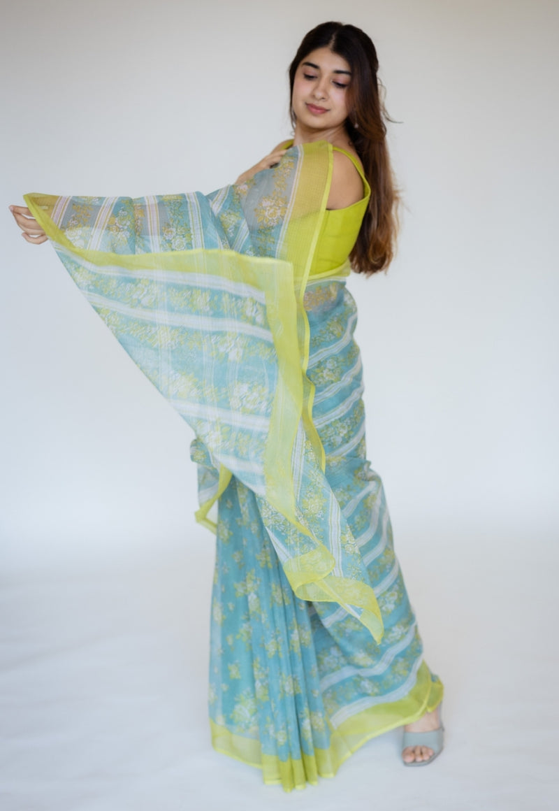 Blue Sanganeri Hand Block Print Cotton Kota Doria Saree