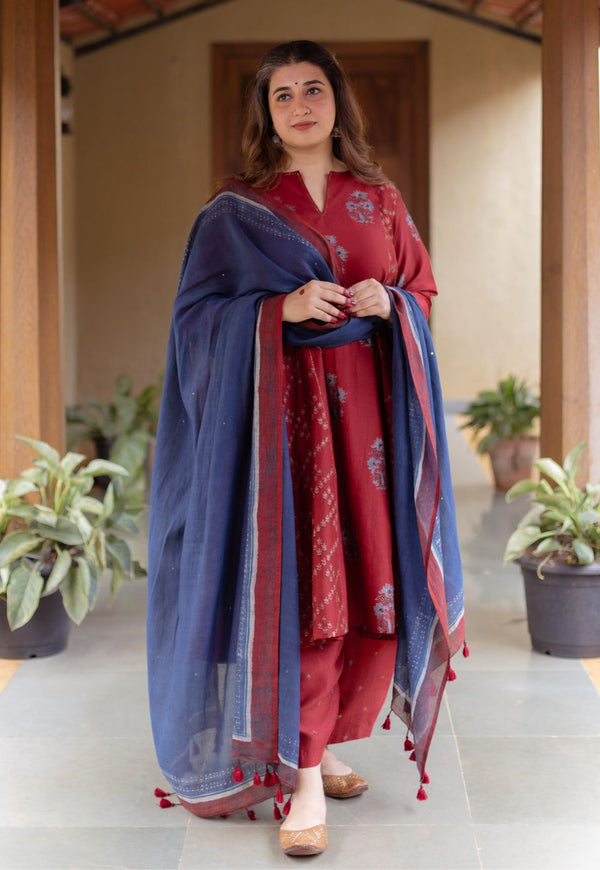 Sonia Madder Ajrakh Chanderi Silk Kali Kurta with Hand Embroidery