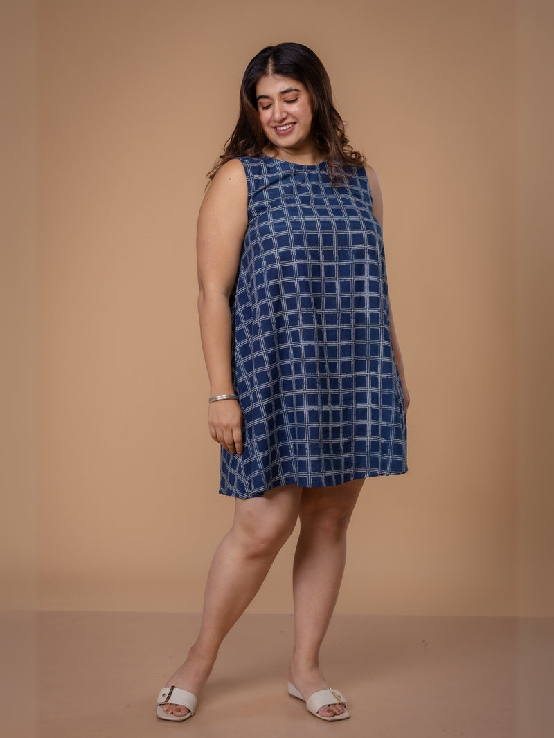 Inam Blue Ajrakh Cotton A Line Dress