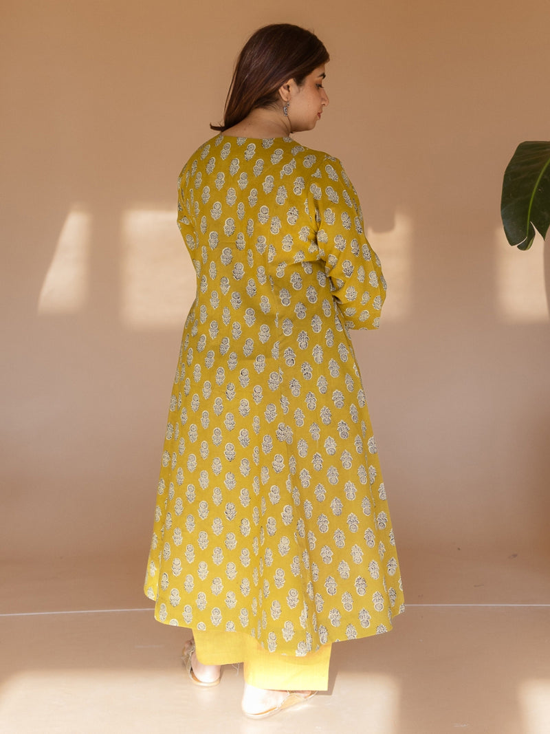 Malika Yellow Bagru Cotton Kali Kurta