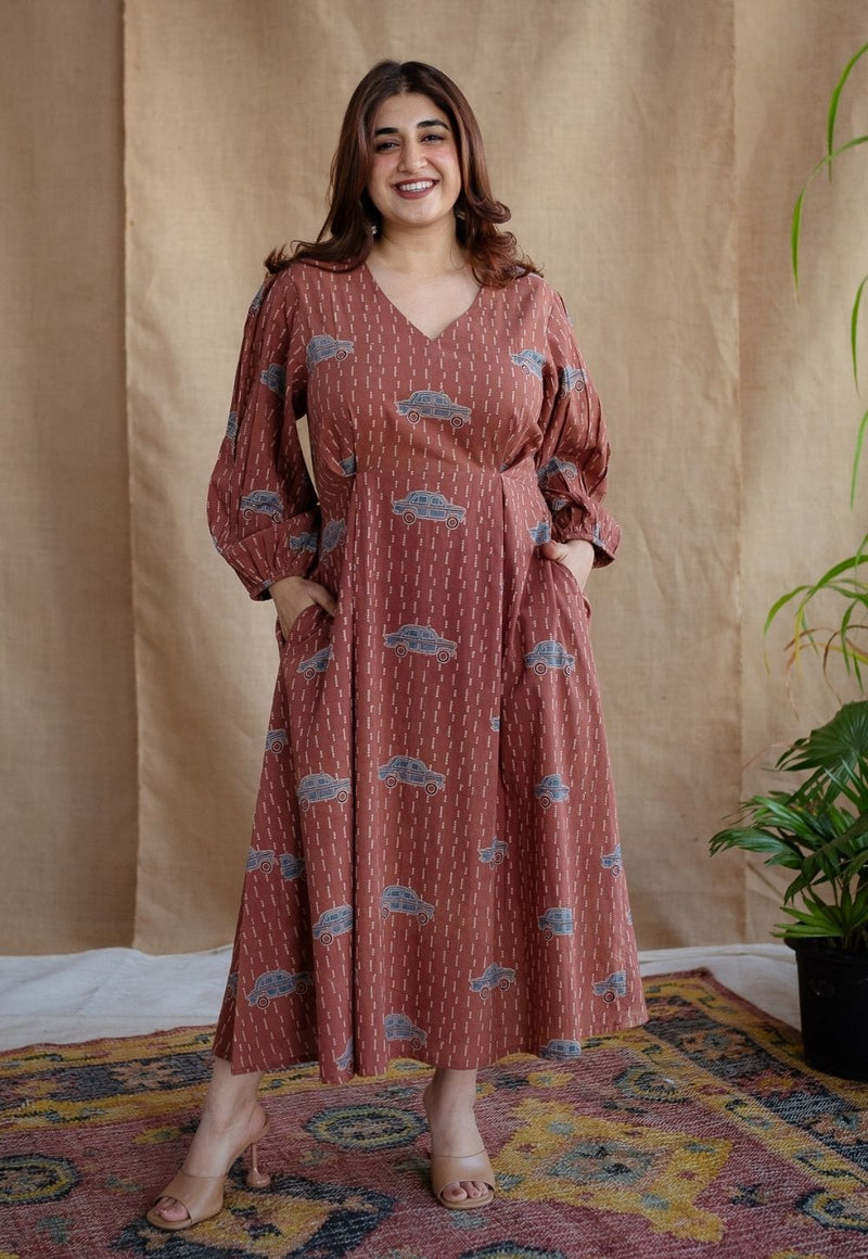 Rahima Brick Red Ajrakh Cotton A Line Dress