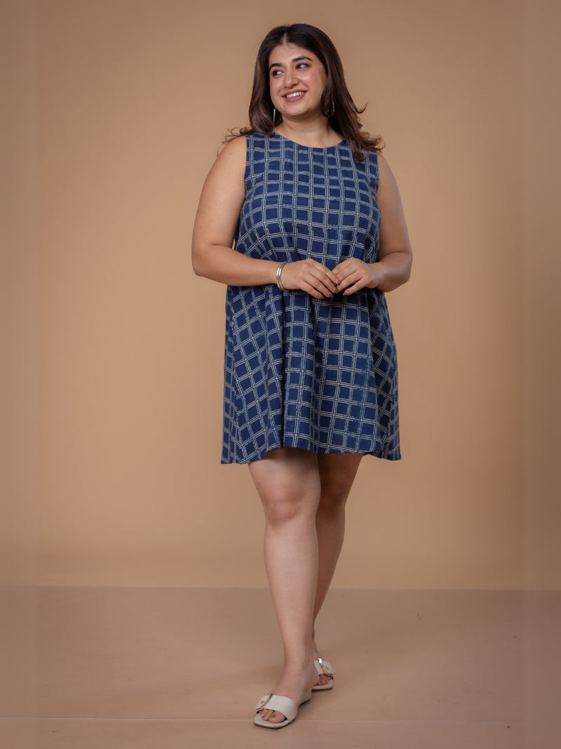 Inam Blue Ajrakh Cotton A Line Dress