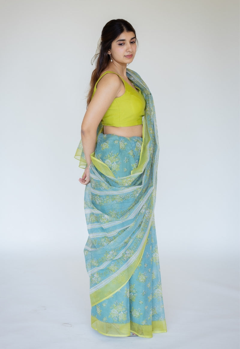 Blue Sanganeri Hand Block Print Cotton Kota Doria Saree