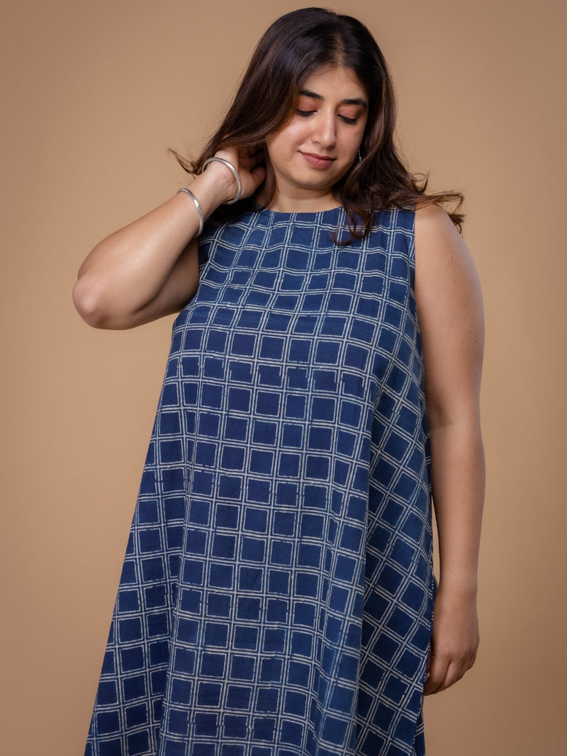 Inam Blue Ajrakh Cotton A Line Dress