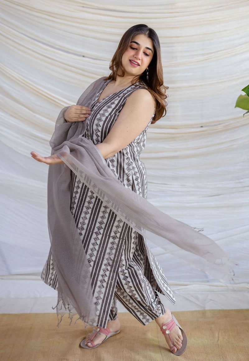 Hanifa Grey Batik Cotton Straight Kurta