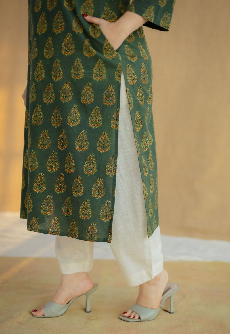 Afira Green Ajrakh Cotton Straight Kurta