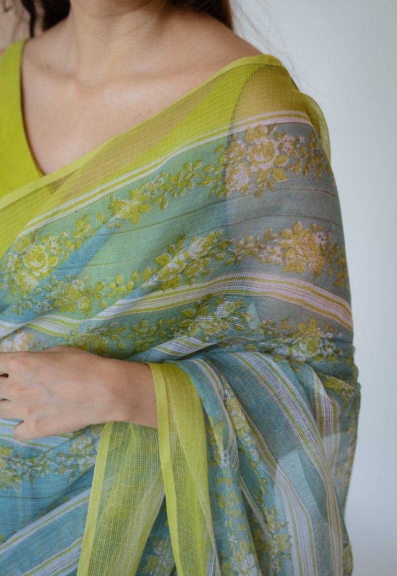 Blue Sanganeri Hand Block Print Cotton Kota Doria Saree