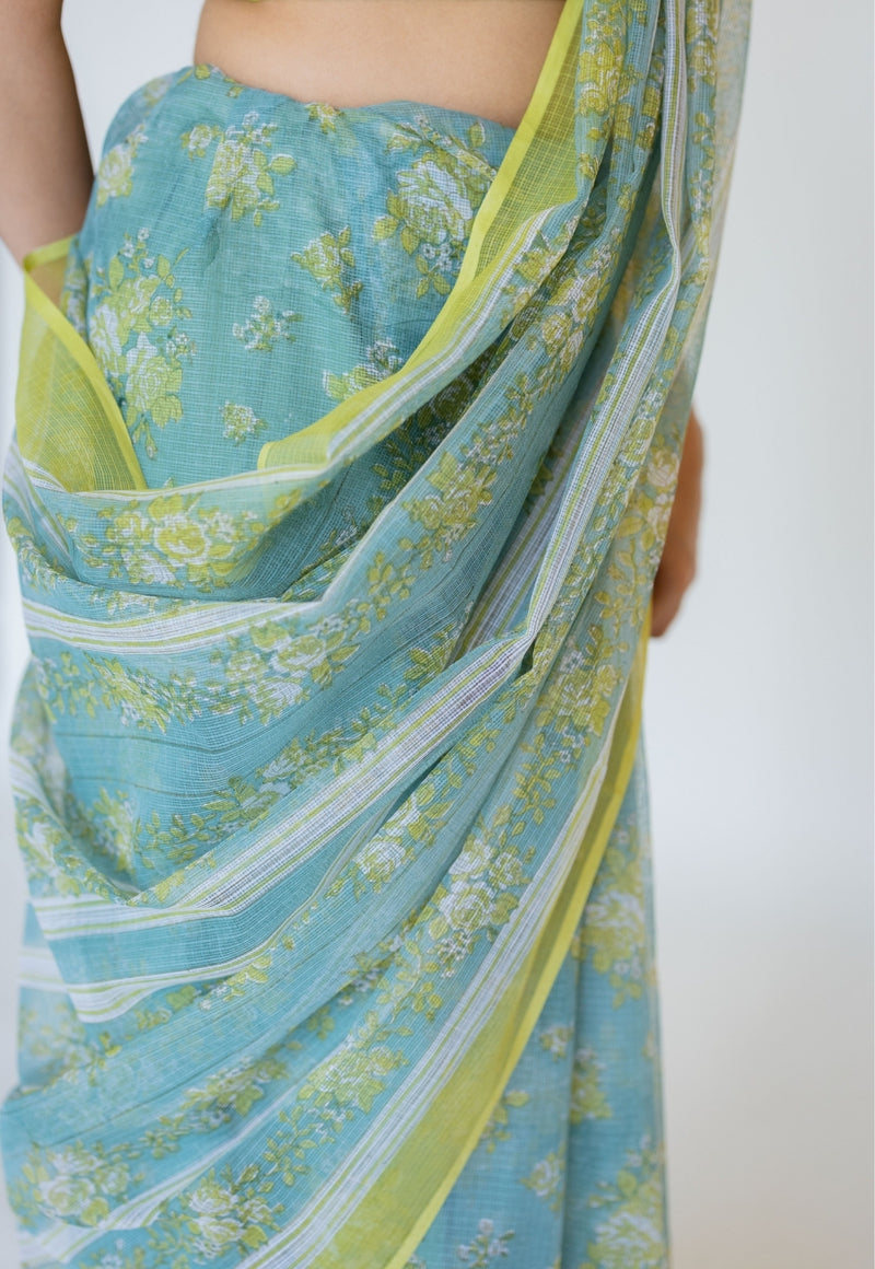 Blue Sanganeri Hand Block Print Cotton Kota Doria Saree