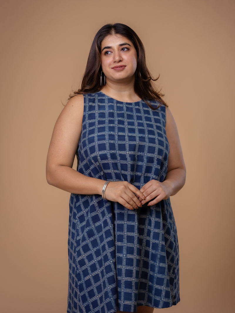 Inam Blue Ajrakh Cotton A Line Dress