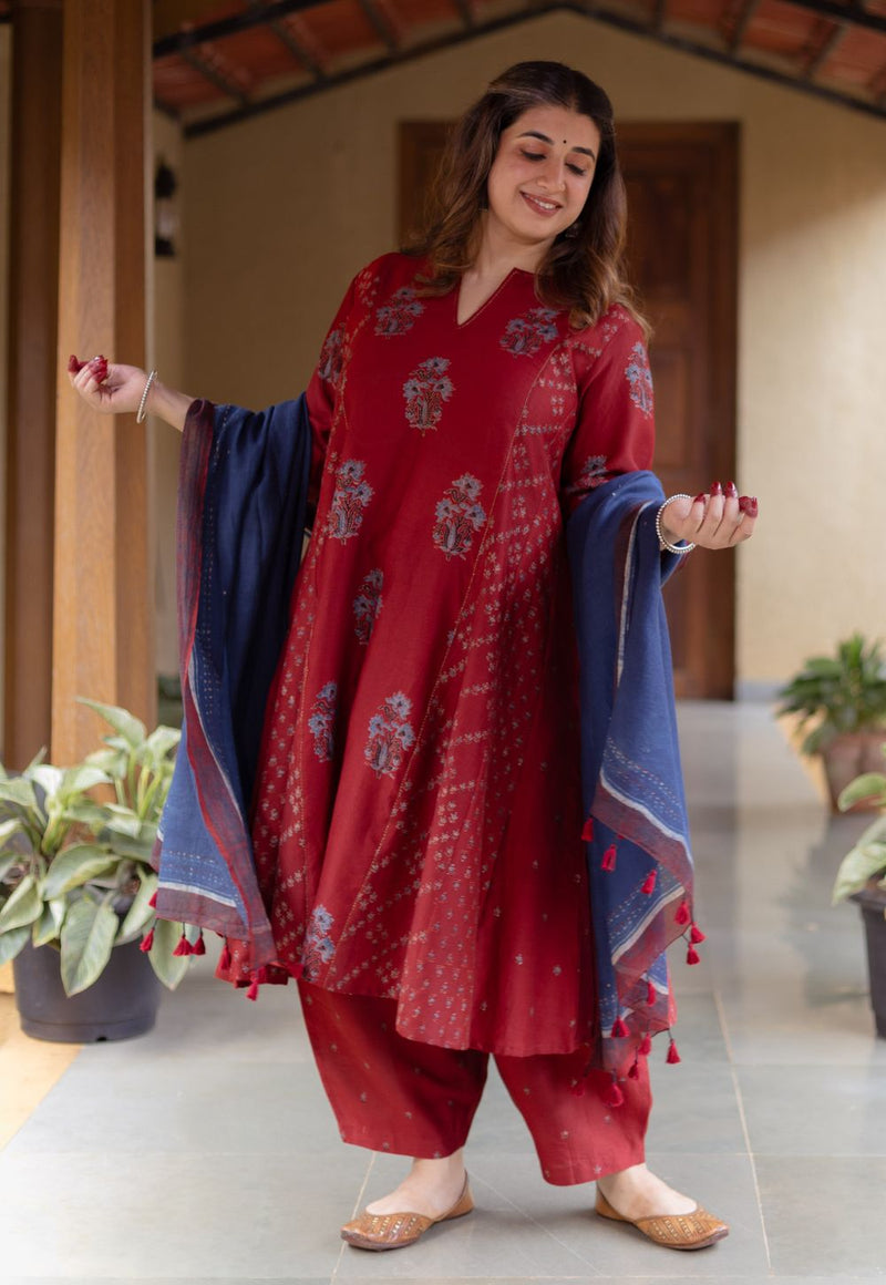 Sonia Madder Ajrakh Chanderi Silk Kali Kurta with Hand Embroidery