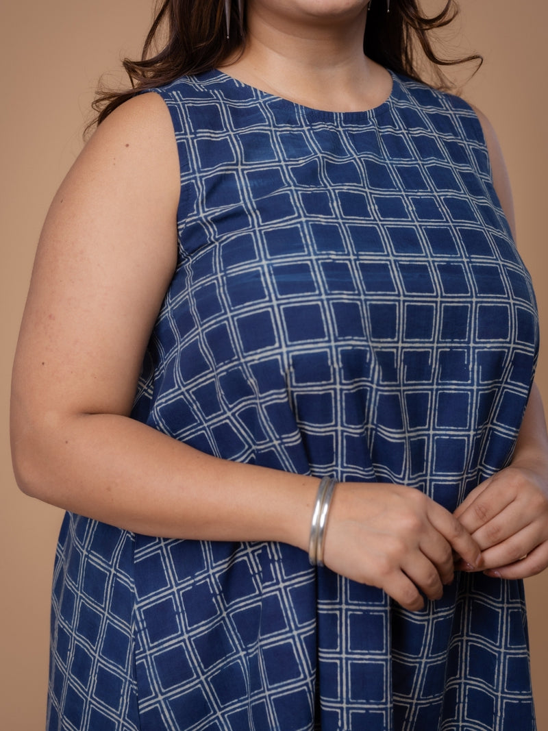 Inam Blue Ajrakh Cotton A Line Dress