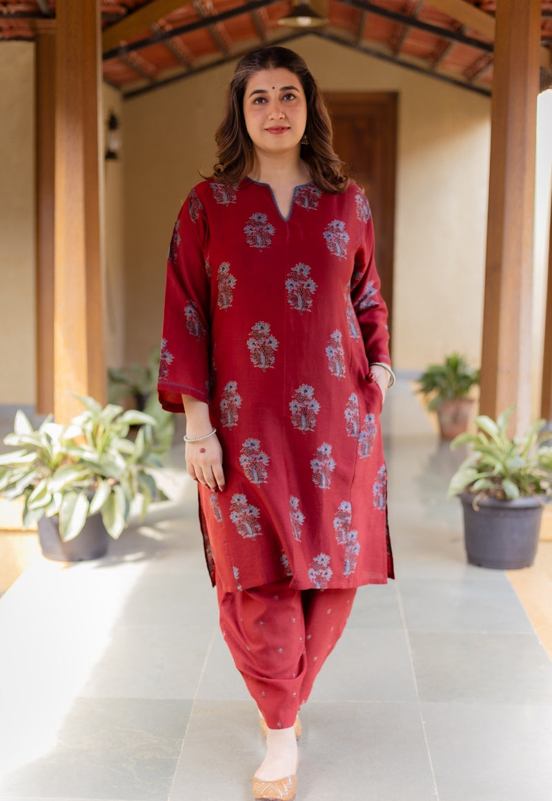 Hitanshi Madder Ajrakh Chanderi Silk A Line Kurta with Hand Embroidery