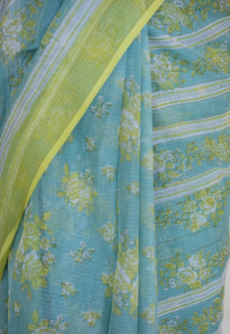 Blue Sanganeri Hand Block Print Cotton Kota Doria Saree