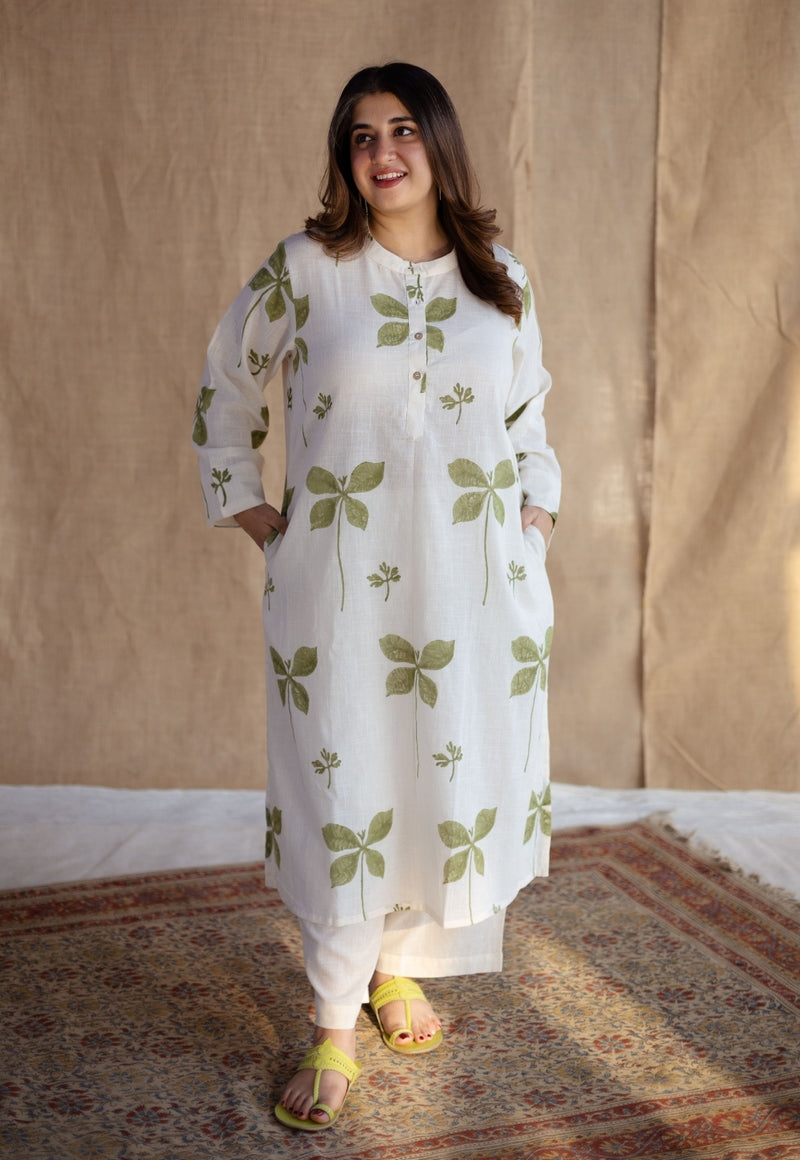 Azha Off White Dabu Slub Cotton Straight Kurta