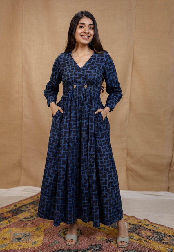 Kimaya Indigo Ajrakh Cotton A Line Dress