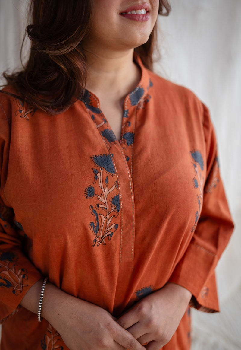 Sabria Ajrakh Slub Cotton Jhabba Kali Hand Embroidered Kurta