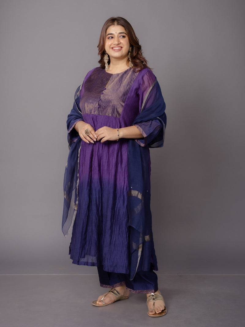 Navy Blue Solid Zari Silk Net Dupatta with Hand Embroidery