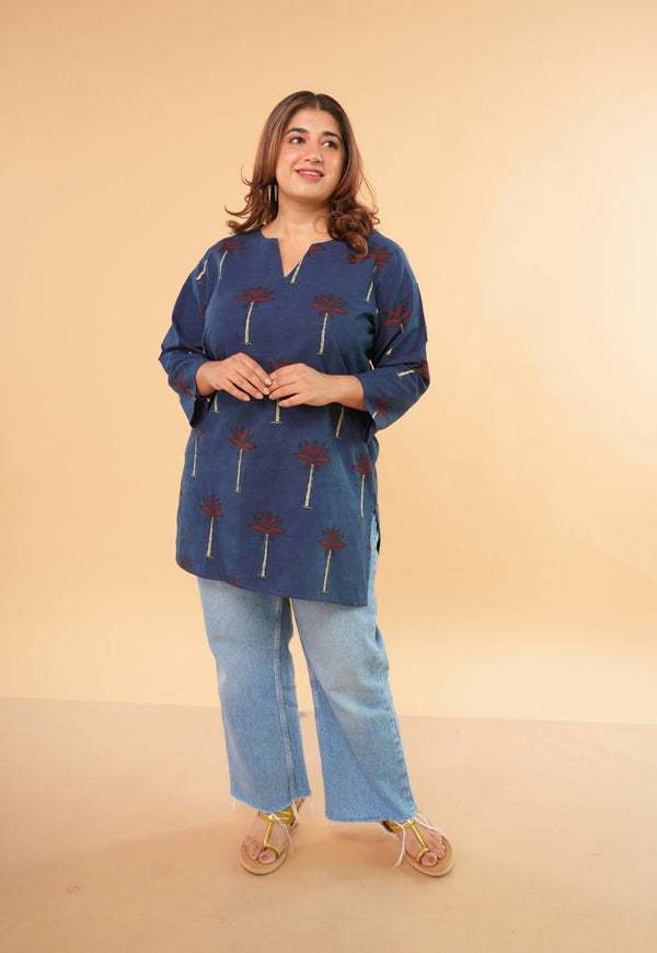Mishel Blue Ajrakh Cotton Straight Short Top