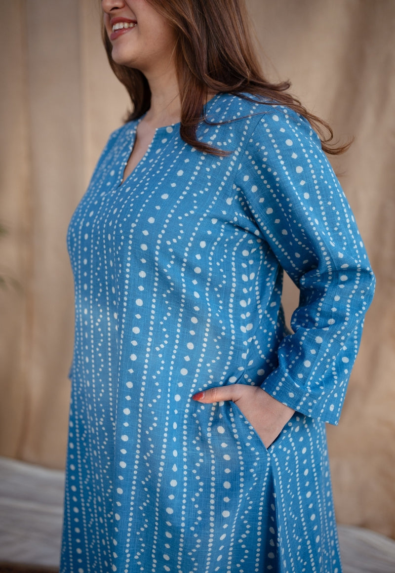 Shaili Indigo Dabu Slub Cotton A Line Kurta with Embroidery