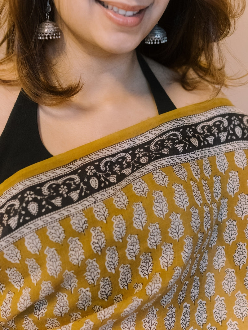 Yellow Butti Bagru Hand Block Print Modal Saree