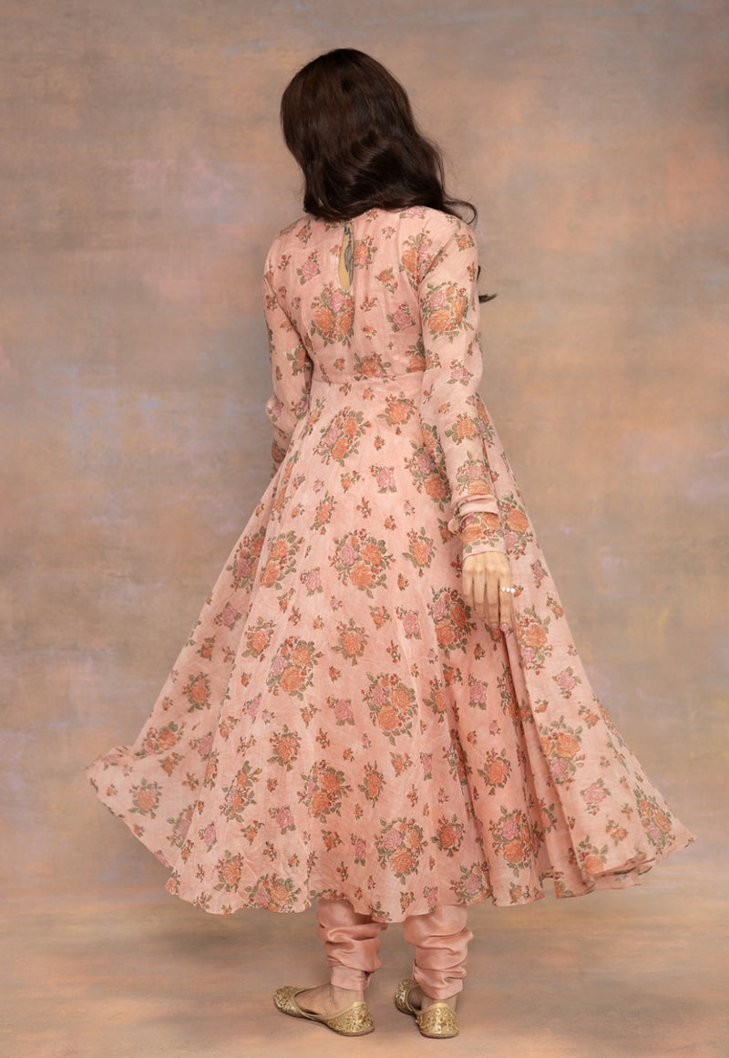 Rozhira Pink Sanganeri Chanderi Silk A Line Kurta with Hand Embroidery