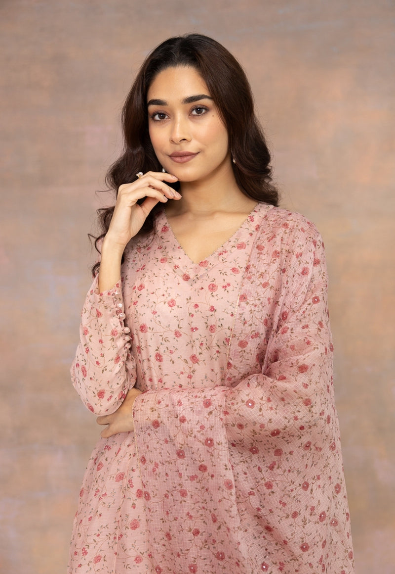 Rose Pink Sanganeri Chanderi Silk Kali Kurta with Hand Embroidery