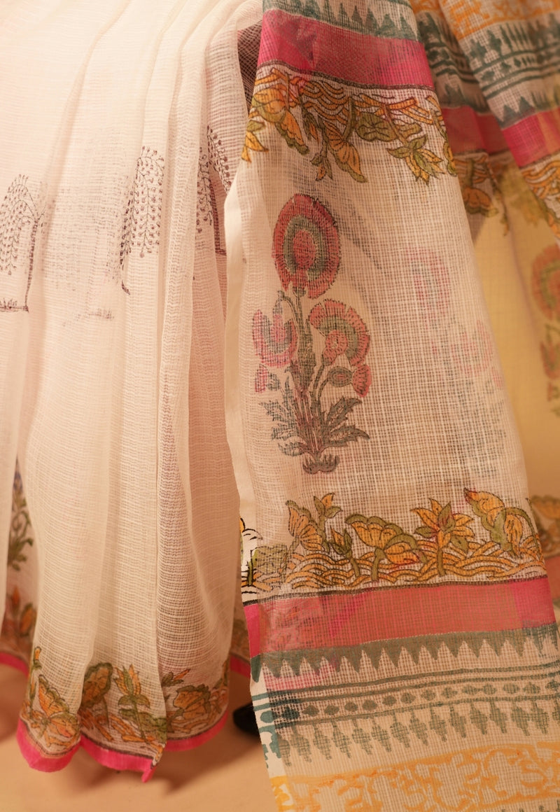 White Butta Sanganeri Hand Block Print Kota Doria Saree