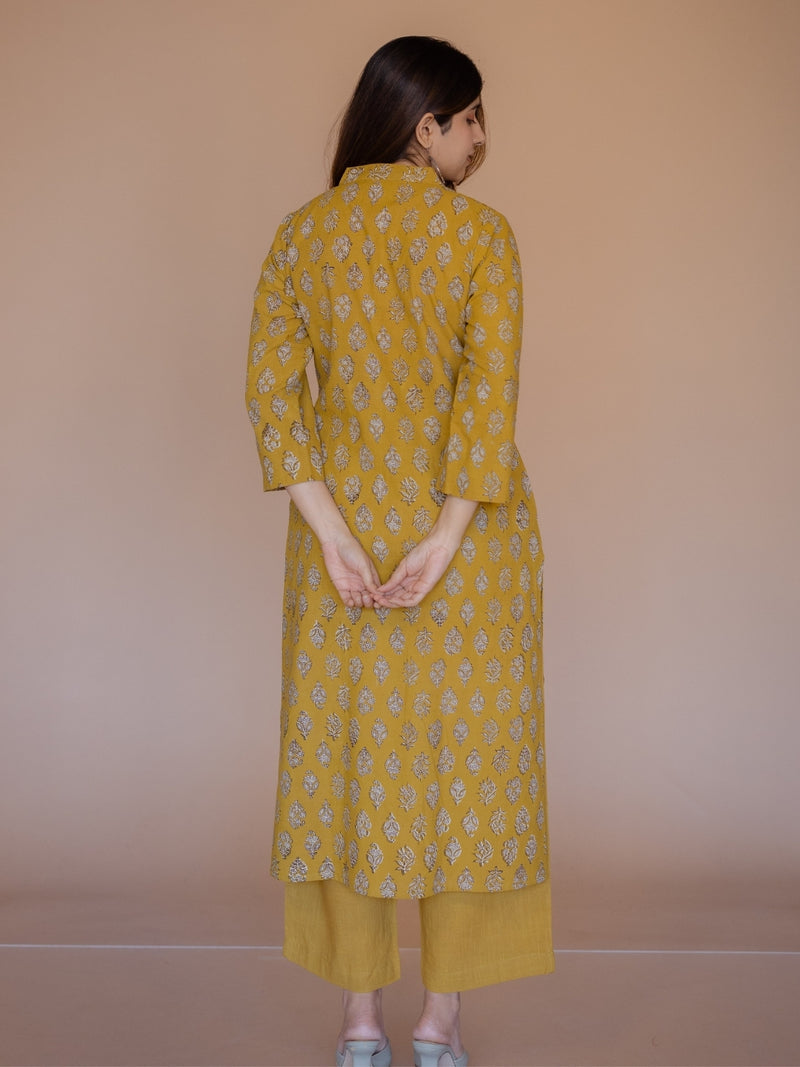 Avika Yellow Bagru Cotton Straight Kurta