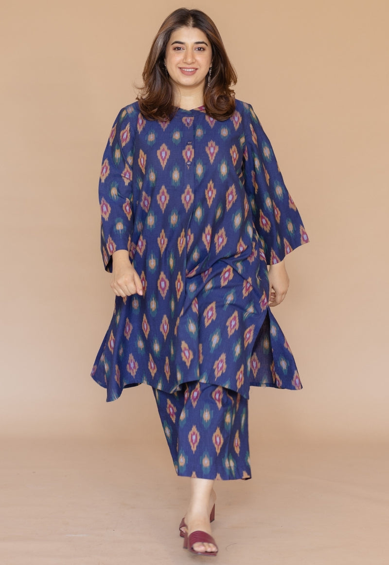 Ayaat Blue Handloom Ikkat Cotton Straight Kurta