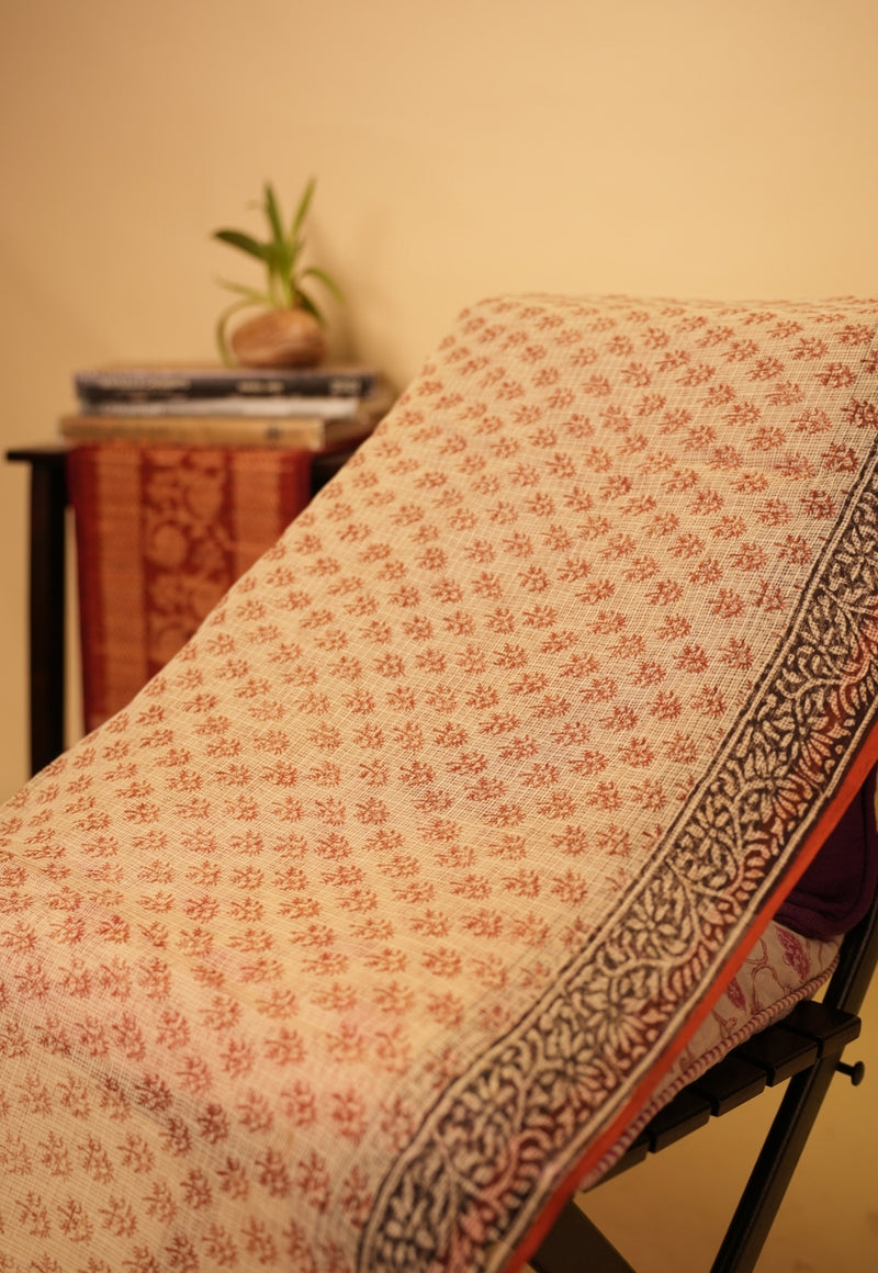 Beige Butti Bagru hand Block Print Kota Doria Saree