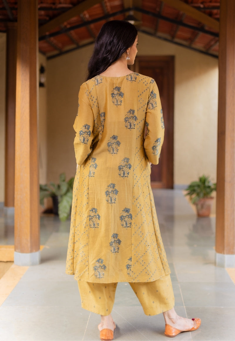 Sonia Mustard Ajrakh Chanderi Silk Kali Kurta with Hand Embroidery