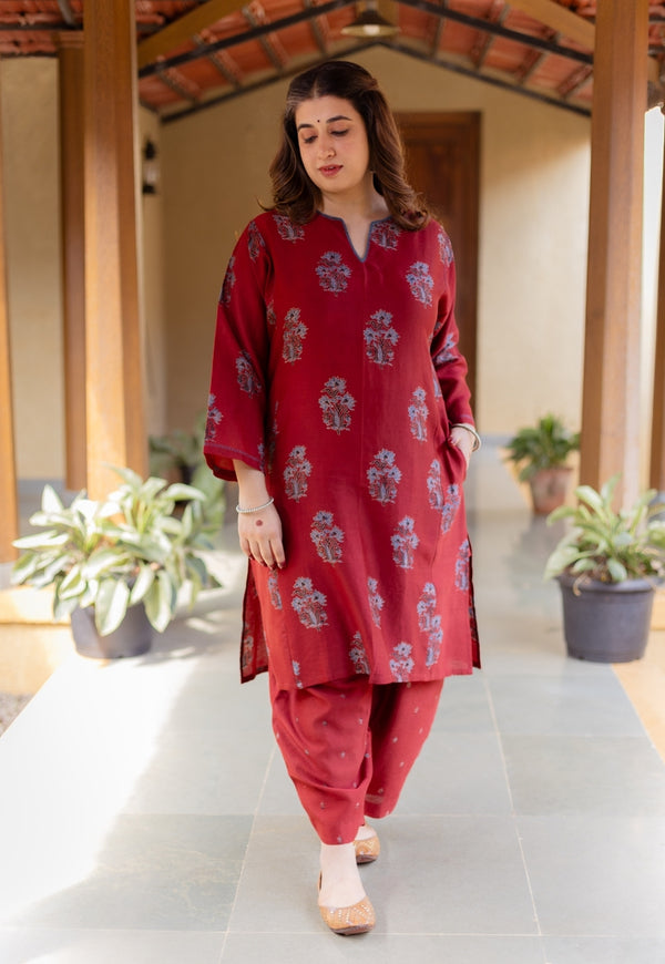 Hitanshi Madder Ajrakh Chanderi Silk A Line Kurta with Hand Embroidery