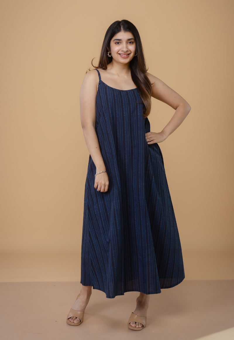 Viaana Blue Ajrakh Cotton A Line Dress