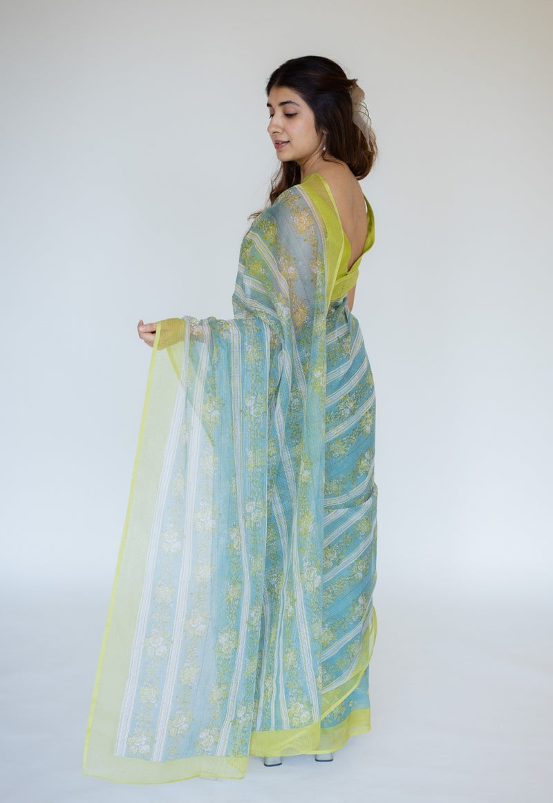 Blue Sanganeri Hand Block Print Cotton Kota Doria Saree