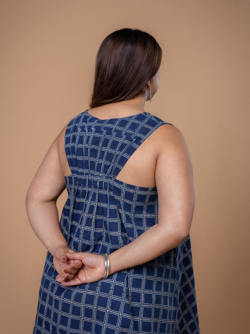 Inam Blue Ajrakh Cotton A Line Dress