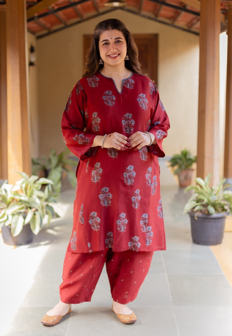 Hitanshi Madder Ajrakh Chanderi Silk A Line Kurta with Hand Embroidery