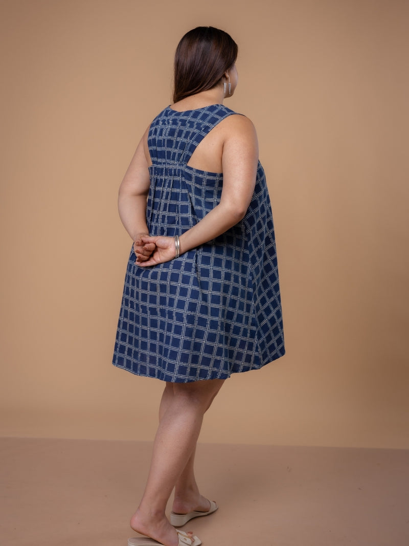 Inam Blue Ajrakh Cotton A Line Dress