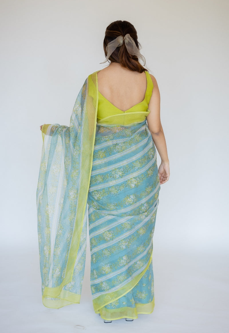 Blue Sanganeri Hand Block Print Cotton Kota Doria Saree