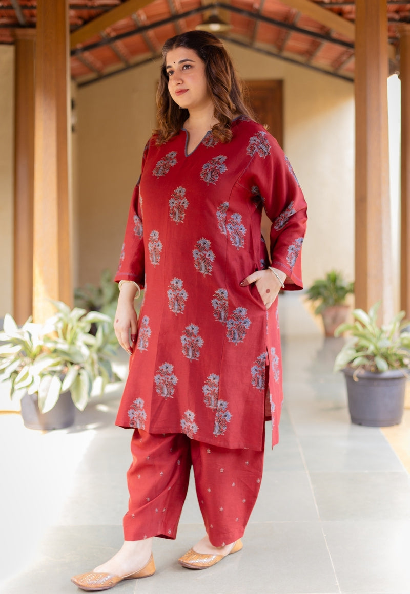 Hitanshi Madder Ajrakh Chanderi Silk A Line Kurta with Hand Embroidery