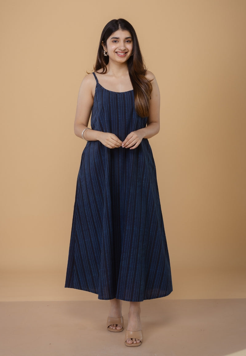 Viaana Blue Ajrakh Cotton A Line Dress