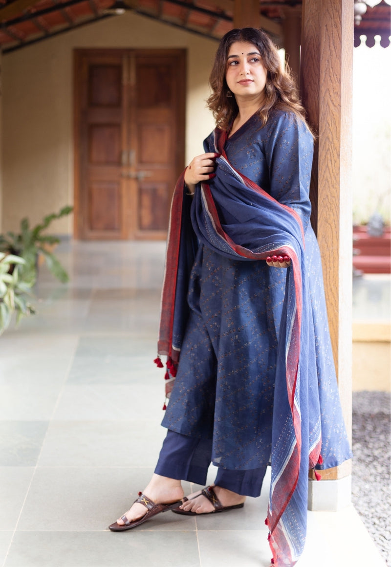 Prita Dark Indigo Solid Chanderi Silk Narrow Pant