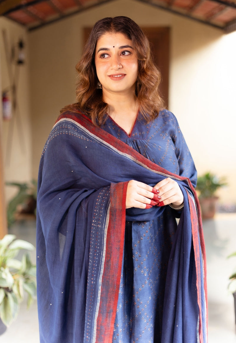 Dark Indigo Ajrakh Chanderi Silk Dupatta with Embroidery